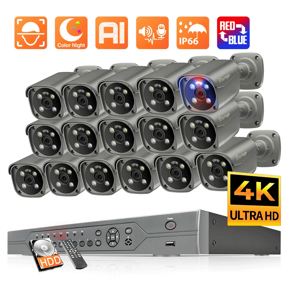 Système de caméra POE 4K 16CH avec voyant d'alarme rouge et bleu 